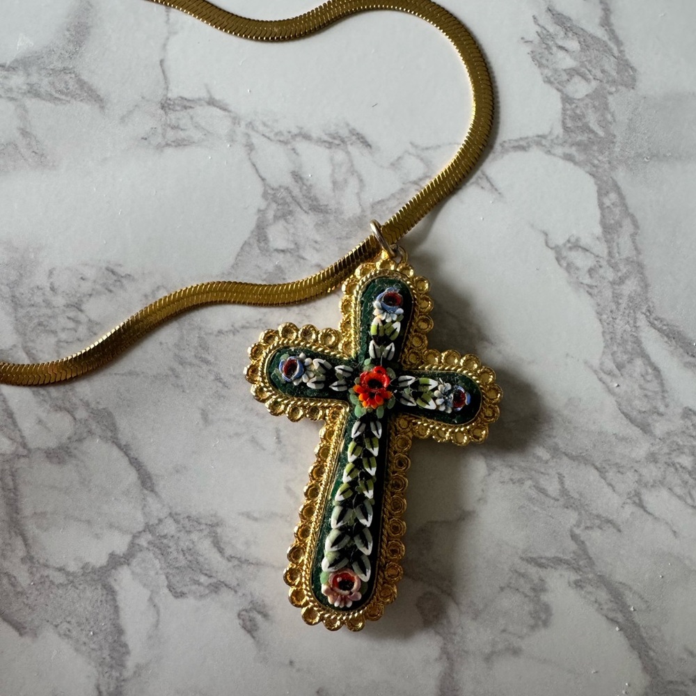 Vintage micromosaic Italian Gold Cross Pendant Necklace